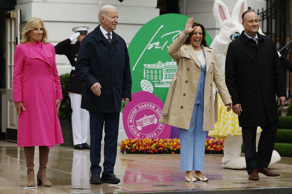 WASHINGTON, DC - APRIL 01: (L-R) First lady Jill Biden, U.S. President Joe Biden, Vice President Kamala Harris and second gentleman Doug Emhoff wave to guests during the White House Easter Egg Roll on the South Lawn on April 01, 2024 in Washington, DC. The White House said they are expecting thousands of children and adults to participate in the annual tradition of rolling colored eggs down the White House lawn, a tradition started by President Rutherford B. Hayes in 1878.  (Photo by Chip Somodevilla/Getty Images)