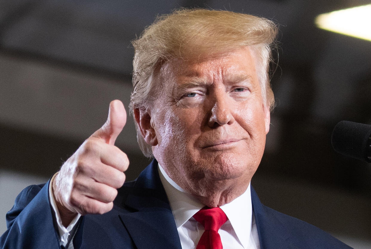 US President Donald Trump gives a thumbs up during a "Keep America Great" campaign rally at Wildwoods Convention Center in Wildwood, New Jersey on January 28, 2020.&nbsp; (Photo: SAUL LOEB via Getty Images)