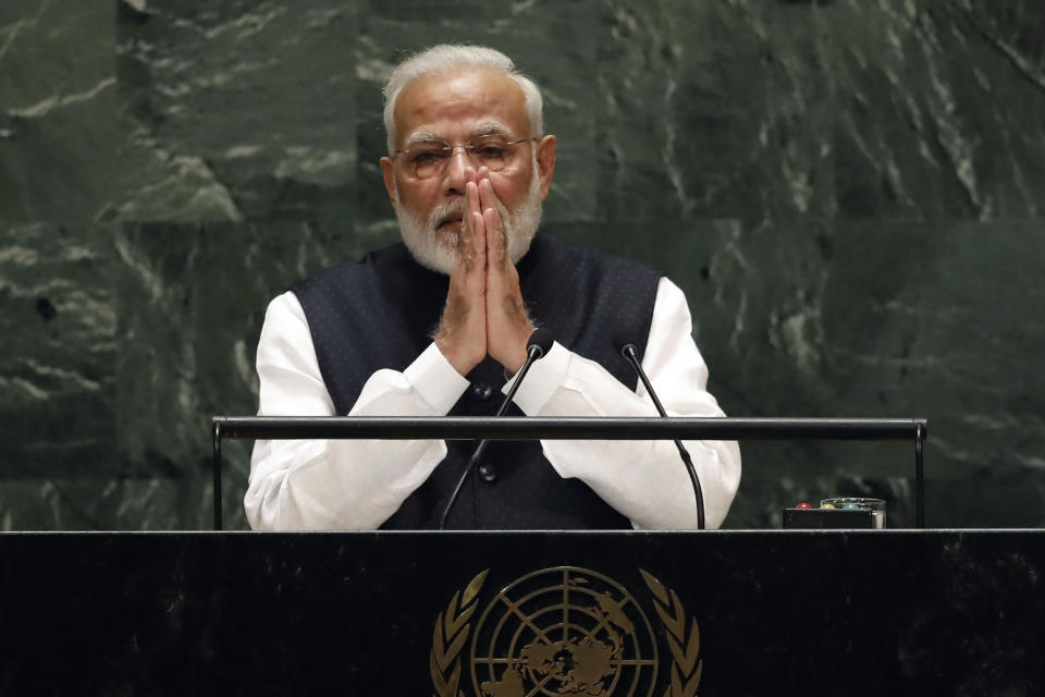 India's Prime Minister Narendra Modi addresses the 74th session of the United Nations General Assembly, Friday, Sept. 27, 2019. (AP Photo/Richard Drew)