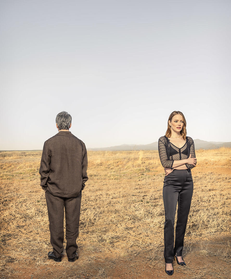 Emma Stone and Nathan Fielder were photographed April 13 at Santa Fe Studios in Santa Fe, New Mexico. Stone styling by Petra Flannery Louis Vuitton sweater. Fielder styling by Katina Danabassis Zegna sweater; Stone hair: Barb Thompson. makeup: Melanie Inglessis. Fielder grooming: Sydney Sollod