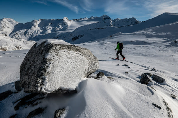 Frozen in time. Chad Sayers ski touring in the Spearhead Range.<p>Photo: Guy Fattal</p>