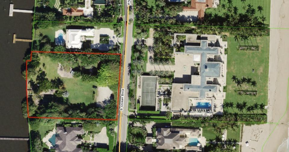 Beauty products entrepreneur Sydell Miller in February sold, for a record-setting $42 million, a vacant lot (outlined in red) at 1440 S. Ocean Blvd., which once was part of her ocean-to-lake estate on Palm Beach's Billionaires Row. Broker Lawrence Moens of Lawrence A. Moens handled both sides of the sale.