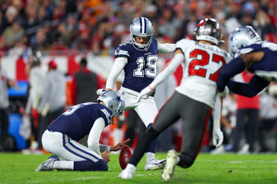 Cowboys K Brett Maher (19) missed four extra-point tries Monday night.