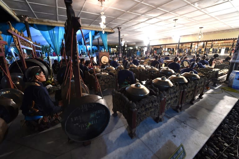 A traditional royal orchestra performs for Sultan Hamengku Buwono X during a ceremony to mark his 70th birthday and 27th year in power in Yogyakarta