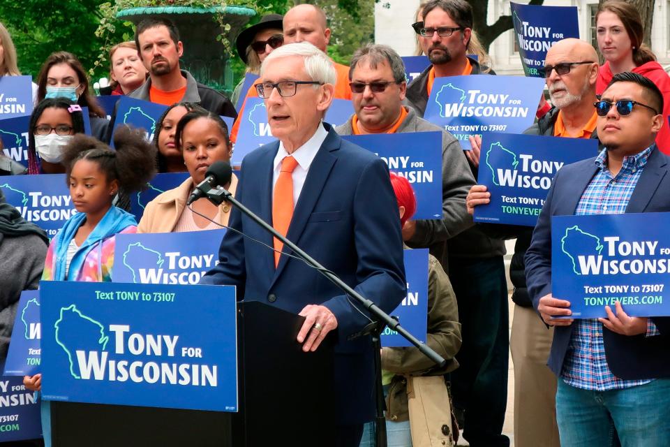 Wisconsin Gov. Tony Evers speaks at a campaign event outside the state Capitol Friday, May 27, 2022, in Madison, Wis.