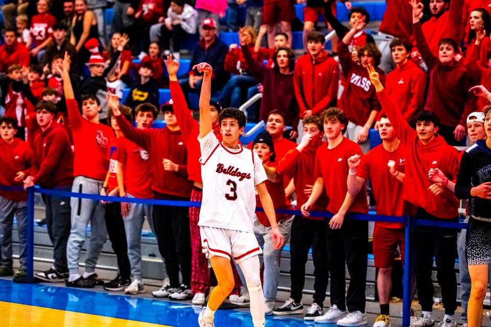 Old Rochester's Zach Mourao celebrates his three.