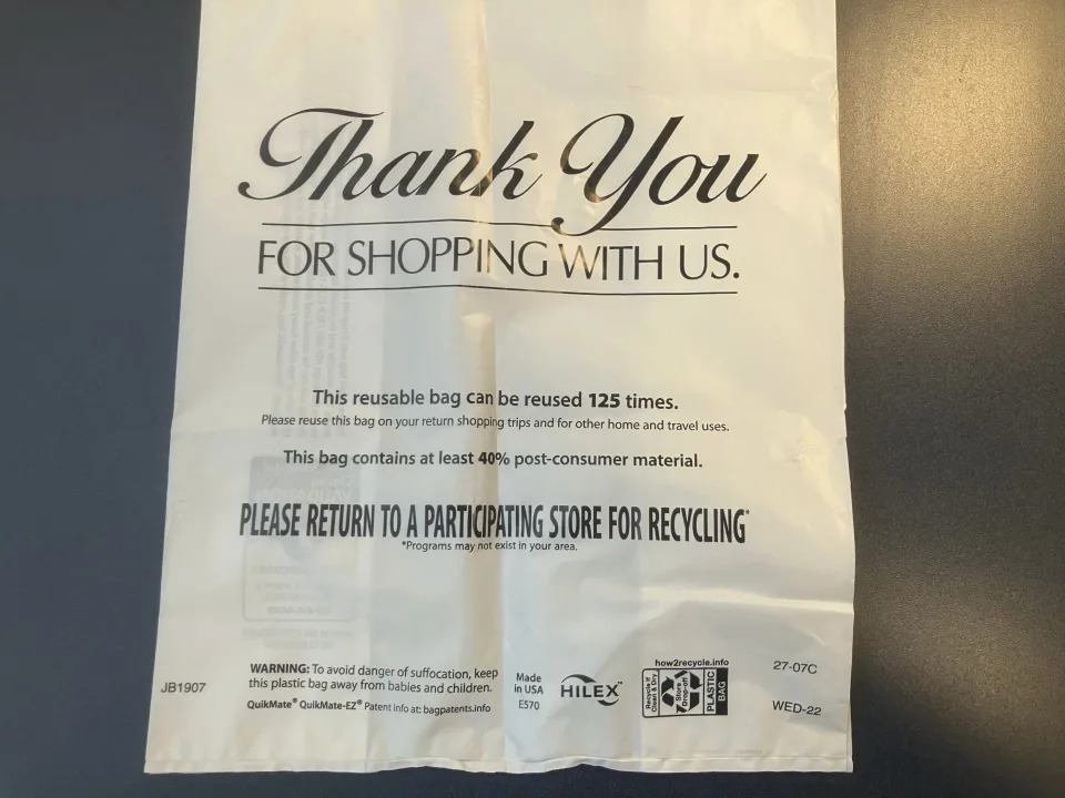 This undated photo shows a plastic bag, in Los Angeles. California in 2014 enacted the nation's first ban on single-use plastic shopping bags. But state Attorney General Rob Bonta says the thicker, reusable plastic bags that many retailers now use may not be recyclable as required by law. (AP Photo/John Antczak)