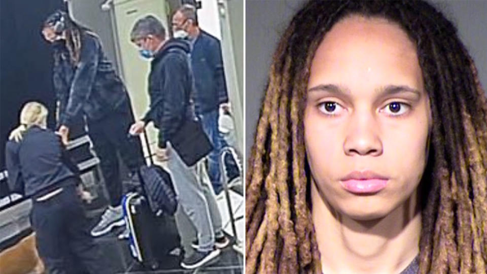 Pictured here, WNBA star Brittney Griner being arrested on drug charges in Moscow.