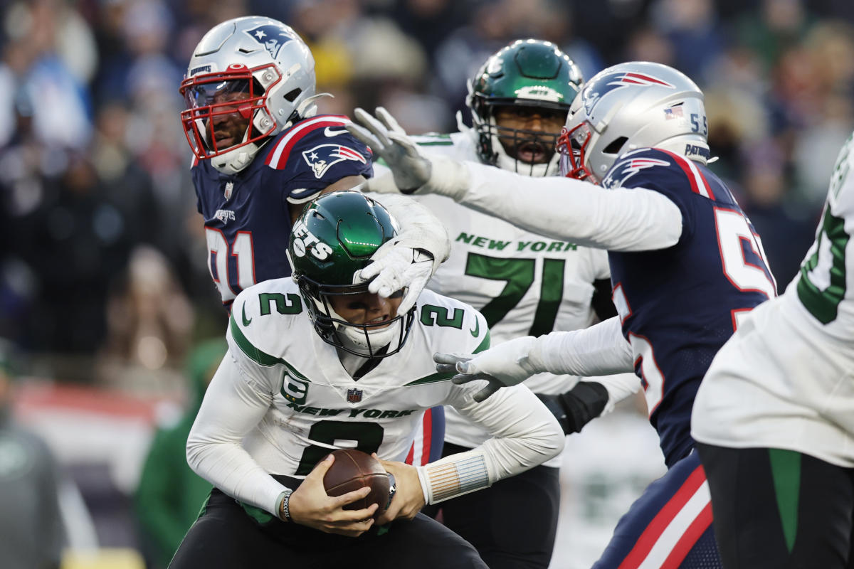 Braden Mann of the New York Jets reacts as he runs off the field