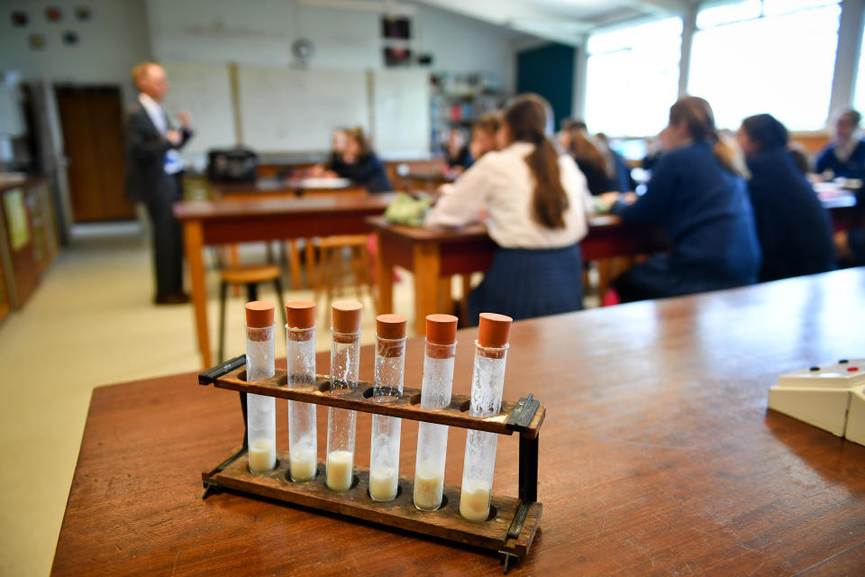 File photo dated 12/09/18 of test tubes in a science class at Royal High School Bath. Schools Minister Nick Gibb has for politicians, teachers and parents to try to change the attitudes of female school pupils about science, technology, engineering and maths (Stem), as new data shows that boys generally prefer the subjects.