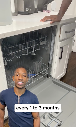 A person stands by an open dishwasher, with text "every 1 to 3 months" indicating maintenance frequency