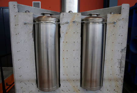 Empty nuclear waste containers are seen in a block of concrete at the underground research laboratory of the French National Radioactive Waste Management Agency ANDRA, in Bure, France, April 5, 2018. Picture taken April 5, 2018. REUTERS/Vincent Kessler