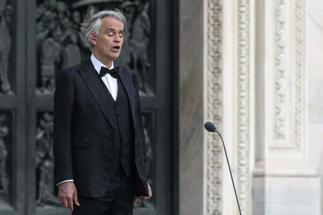 Bocelli rehearsing for his Easter performance in Milan, just weeks after recovering: AFP via Getty Images