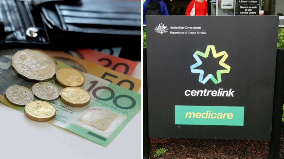 Split image of Australian money spilling from a wallet alongside Centrelink sign