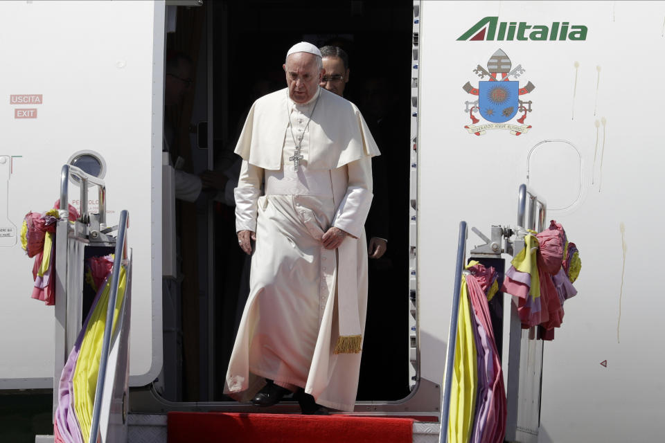 Pope Francis arrives at Military Air Terminal of Don Muang Airport, Wednesday, Nov. 20, 2019, in Bangkok, Thailand. (AP Photo/Gregorio Borgia)