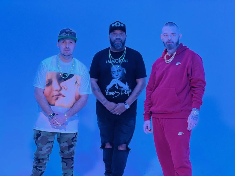 Termanology, Bun B, and Paul Wall post up at the “Thailand” video shoot in Houston. (Photo credit: D Will Get It Done, provided courtesy of Termanology)