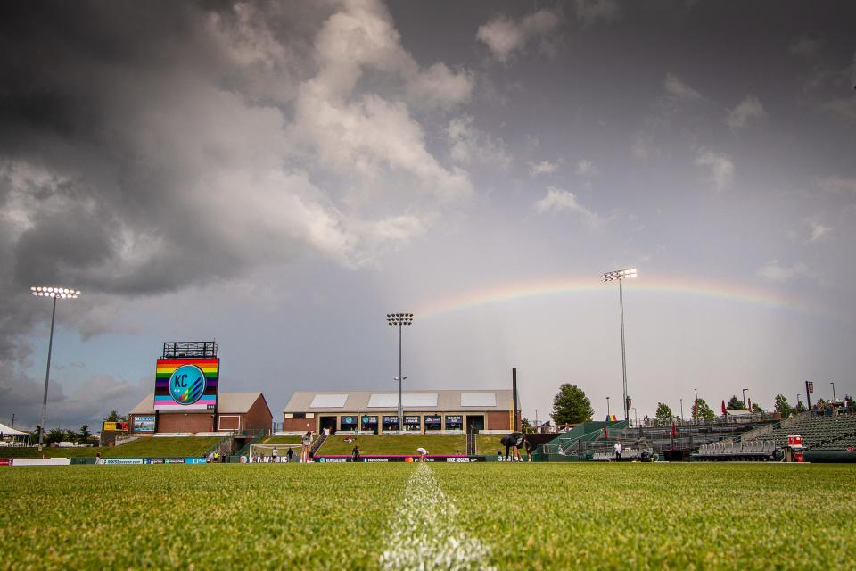 A natural rainbow appears above the field ahead of the Kansas City Current's Pride match against the Washington Spirit.
