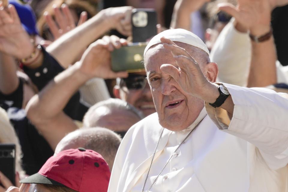 Pope Francis arrives for his weekly general audience in the St. Peter's Square at the Vatican, Wednesday, June 26, 2024. (AP Photo/Andrew Medichini)