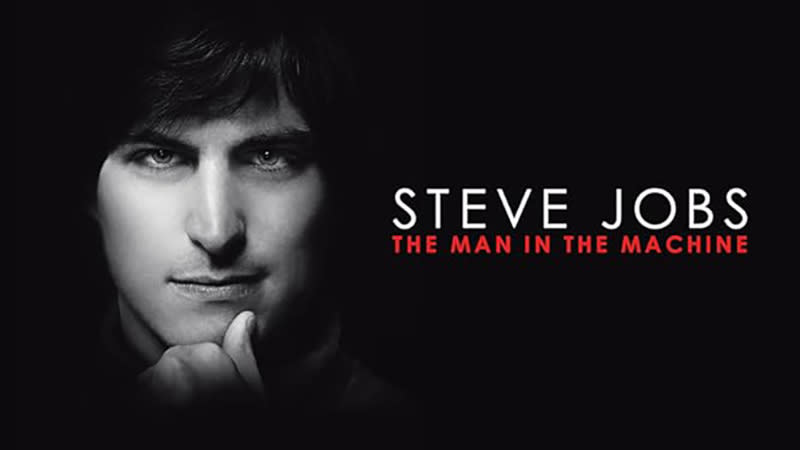 A promo shot for the documentary Steve Jobs, featuring a close-up black and white portrait of Steve Jobs.