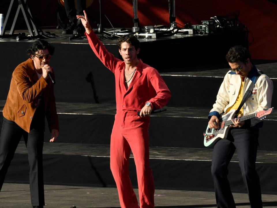 Joe Jonas, from left, Nick Jonas and Kevin Jonas, of Jonas Brothers, perform during the Global Citizen Festival on Saturday, Sept. 24, 2022, at Central Park in New York.