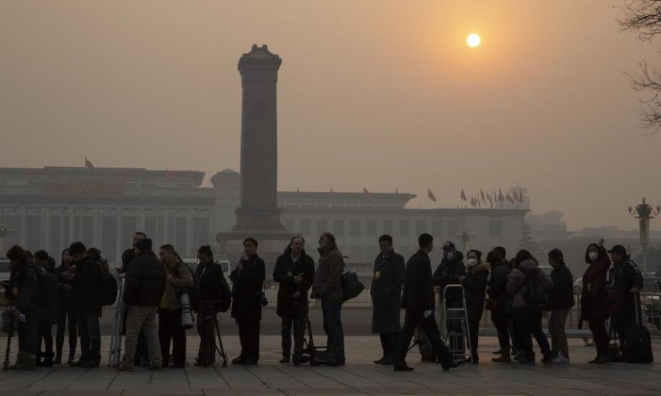 Foreign journalists line up to attend a National People’s Congress held at the Great Hall of the People in Beijing in 2016.