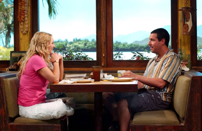 Drew Barrymore and Adam Sandler eating at a diner in 50 First Dates