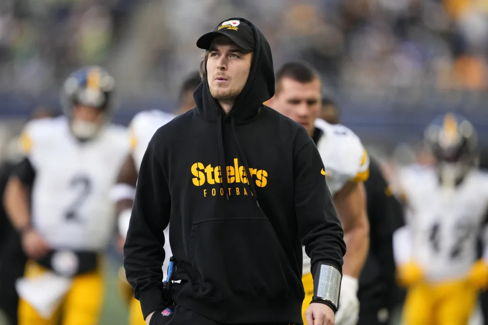 Pittsburgh Steelers quarterback Kenny Pickett walks on the field during the first half of an NFL football game against the Seattle Seahawks, Sunday, Dec. 31, 2023, in Seattle. The Steelers won 30-23. (AP Photo/Lindsey Wasson)