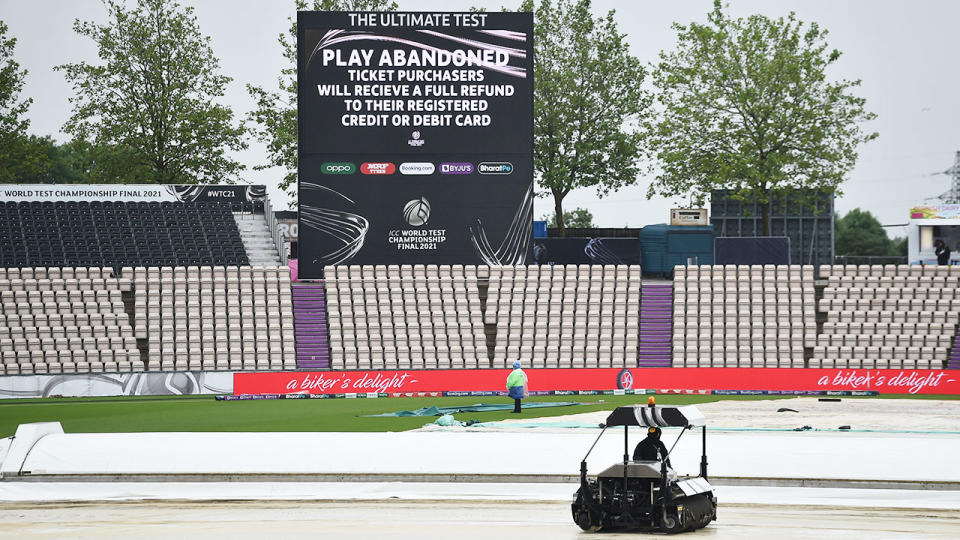 A 'Play Abandoned' sign, pictured here on the fourth day of the World Test Championship final.