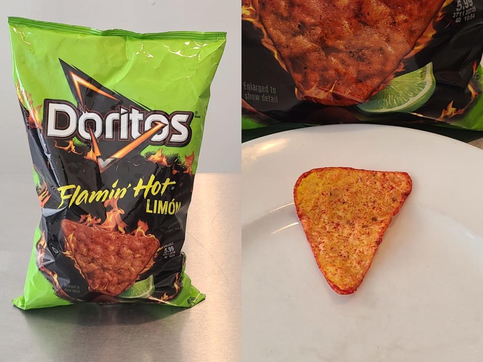 bag of flamin hot limon doritos and a close up shot of the chip