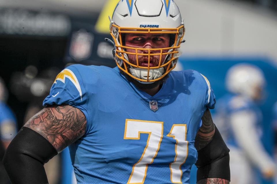 Chargers offensive guard Matt Feiler mentally prepares to take the field.