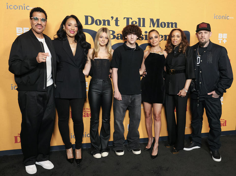 (L-R) Lionel Richie, Lisa Parigi, Harlow Madden, Sparrow Madden, Nicole Richie, Brenda Harvey-Richie, and Joel Madden attend the Los Angeles premiere of "Don't Tell Mom the Babysitter's Dead" at The Grove on April 02, 2024 in Los Angeles, California.