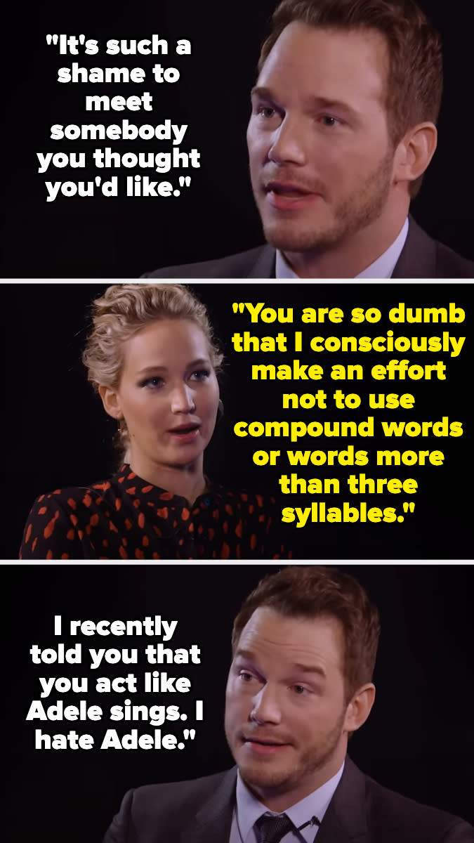 Chris Pratt and Jennifer Lawrence in a three-panel meme-style graphic featuring humorous quotes