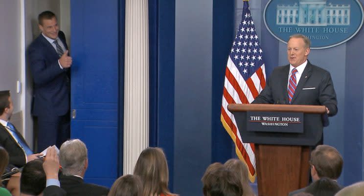 Rob Gronkowski crashed Sean Spicer’s daily White House press briefing. (ABC still shot)