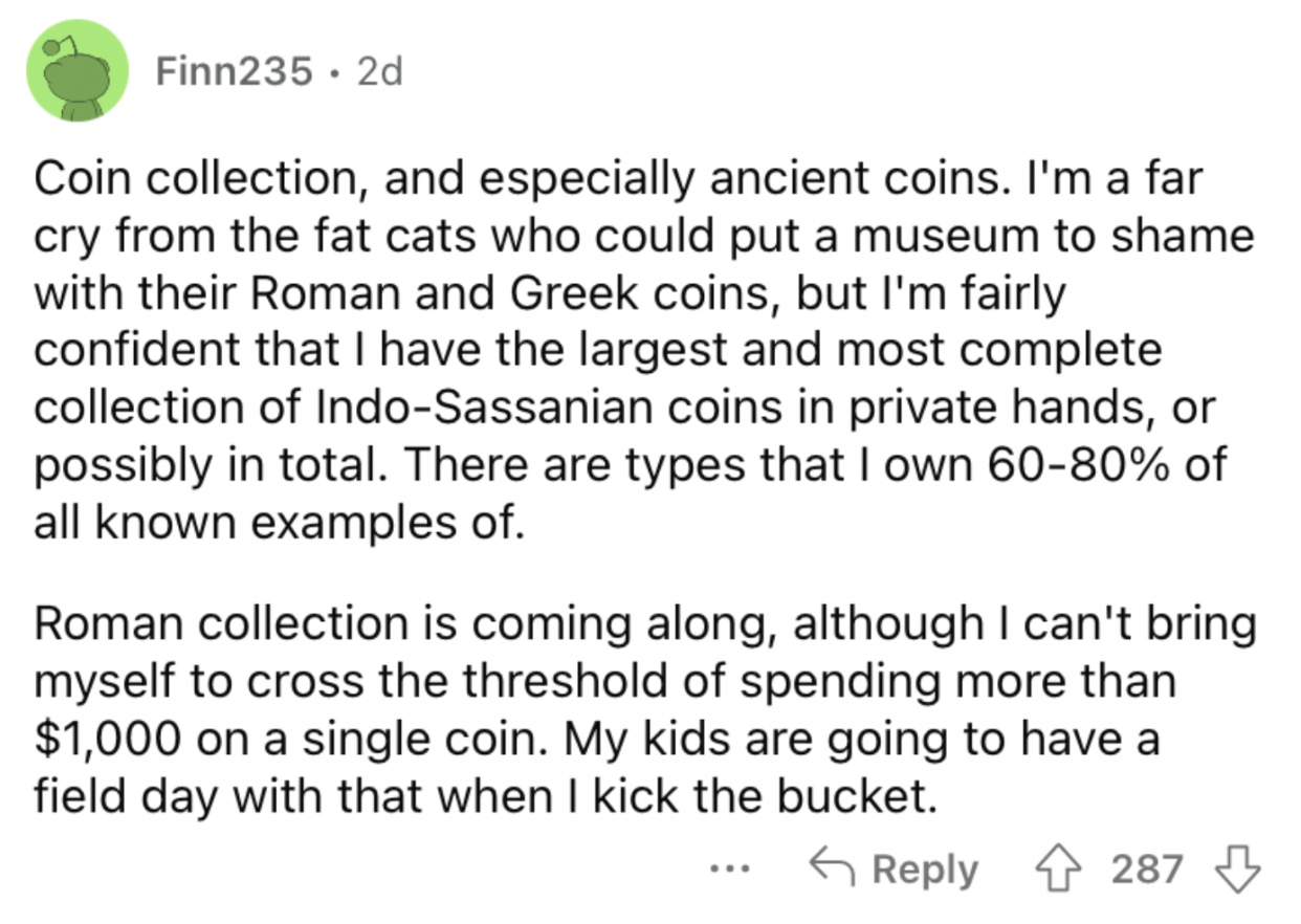 Reddit screenshot of someone talking about their very expensive coin collection