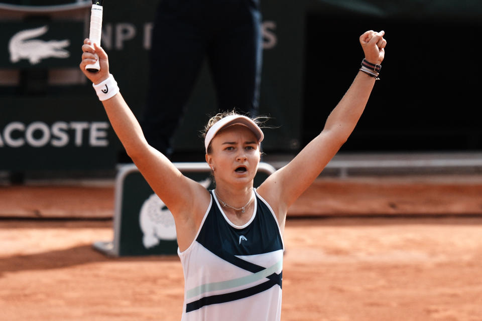 Czech Republic's Barbora Krejcikova reacts as she defeats Russia's Anastasia Pavlyuchenkova in their final match of the French Open tennis tournament at the Roland Garros stadium Saturday, June 12, 2021 in Paris. The unseeded Czech player defeated Anastasia Pavlyuchenkova 6-1, 2-6, 6-4 in the final. (AP Photo/Thibault Camus)