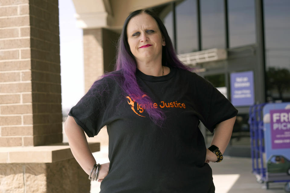 Carrie Shipp poses for a photo, April 2, 2021, in Irving, Texas. Fewer than 20 percent of state and federal prisoners have received a COVID-19 vaccine, according to data collected by The Marshall Project and The Associated Press. Shipp, whose 21-year-old son Matthew is incarcerated at Ruben M. Torres Unit in Texas, said her son decided not to get vaccinated out of fear and distrust of prison medical staff. (AP Photo/LM Otero)