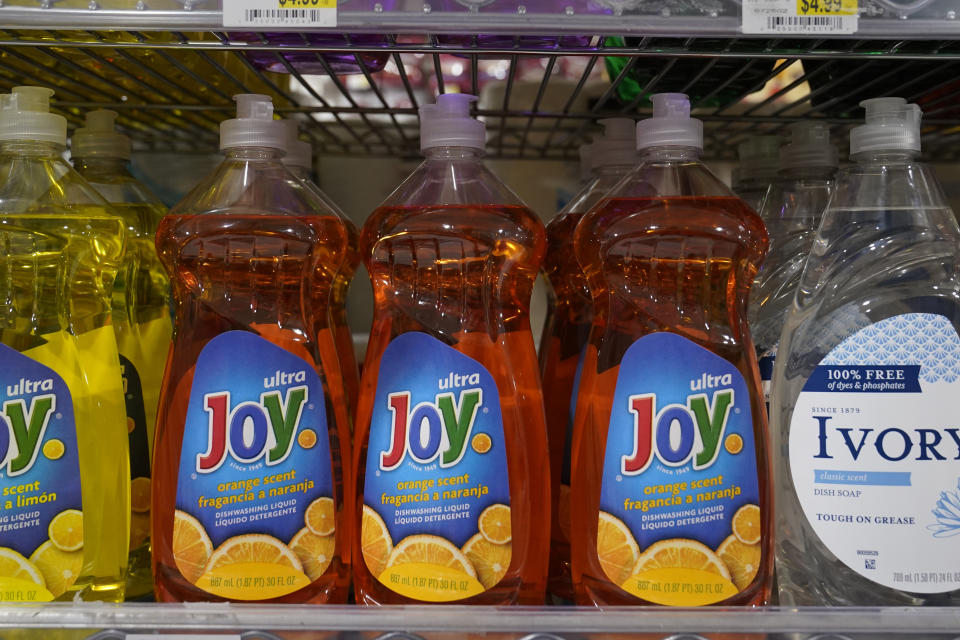 Plastic bottles of dish washing liquid are displayed at Compton's Market in Sacramento, Calif., Friday, June 17, 2022. A California proposal would reduce the amount of plastics used for single-use products like eating utensils, food containers , dish soap and shampoo bottles. State Sen. Ben Allen, D-Santa Monica, made the bill public on Thursday, June 16, 2022. (AP Photo/Rich Pedroncelli)