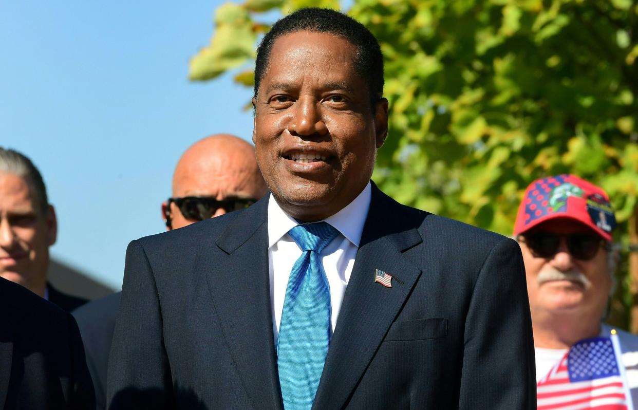 Gubernatorial recall candidate Larry Elder speaks at an event in Monterey Park, California on September 13, 2021, on the last day before voters go to the polls on September 14 for the recall election of California Governor Gavin Newsom.