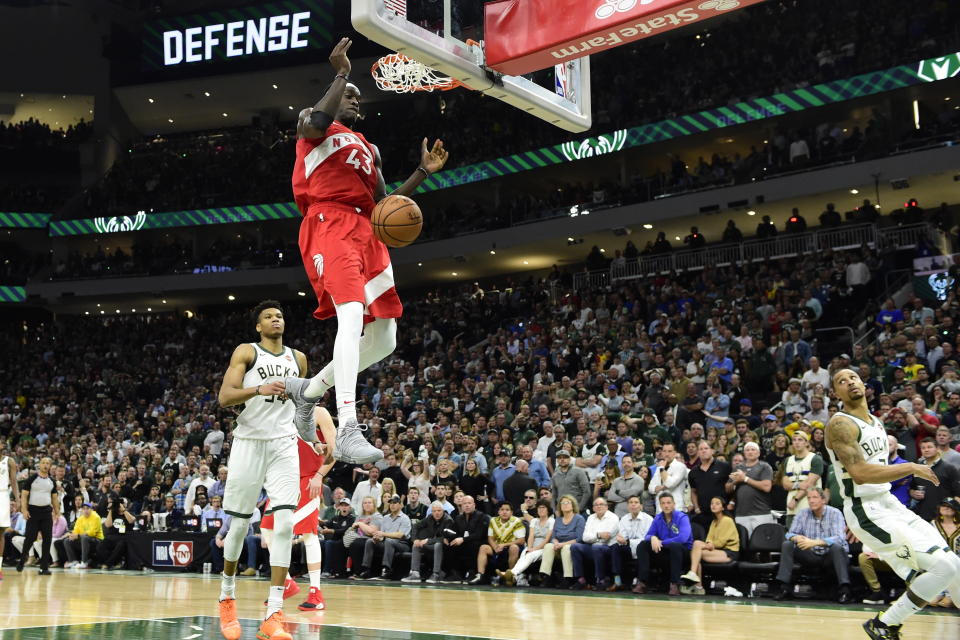 Toronto Raptors forward Pascal Siakam (43) dunks against the Milwaukee Bucks late in the second half of Game 5 of the NBA basketball playoffs Eastern Conference finals in Milwaukee on Thursday, May 23, 2019. Toronto won 105-99. (Frank Gunn/The Canadian Press via AP)