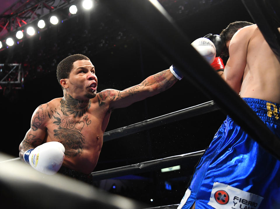 CARSON, CA - FEBRUARY 09: Gervonta Davis (black shorts) knocks out Hugo Ruiz (blue shorts) in the first round of their WBA Super Featherweight Championships fight at StubHub Center on February 9, 2019 in Carson, California. (Photo by Jayne Kamin-Oncea/Getty Images)