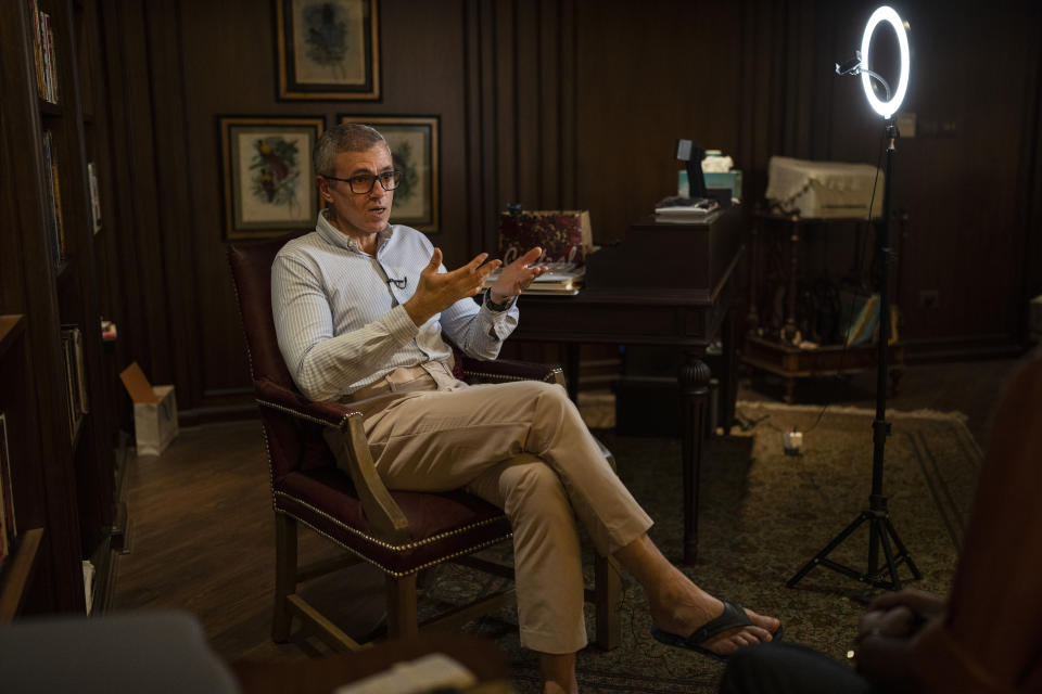 National Conference (NC) leader and former chief minister of Jammu and Kashmir Omar Abdullah speaks to Associated Press at his residence in New Delhi, India, Friday, Aug., 4, 2023. Kashmir’s top pro-India politician says the disputed region is lacking democracy four years after Prime Minister Narendra Modi's ruling Hindu nationalist party stripped its statehood, separate constitution and inherited protections on land and jobs. (AP Photo/Altaf Qadri)