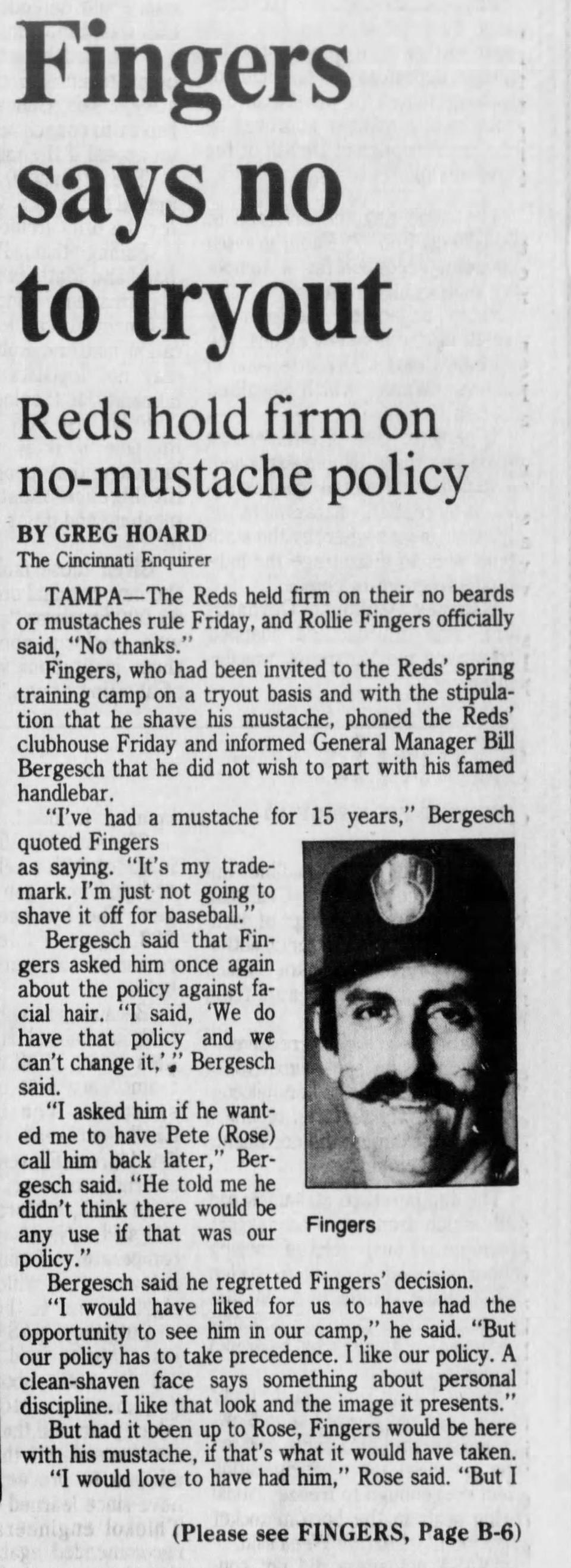 Feb. 22, 1986 Cincinnati Enquirer article after Rollie Fingers turned down signing with the Reds.