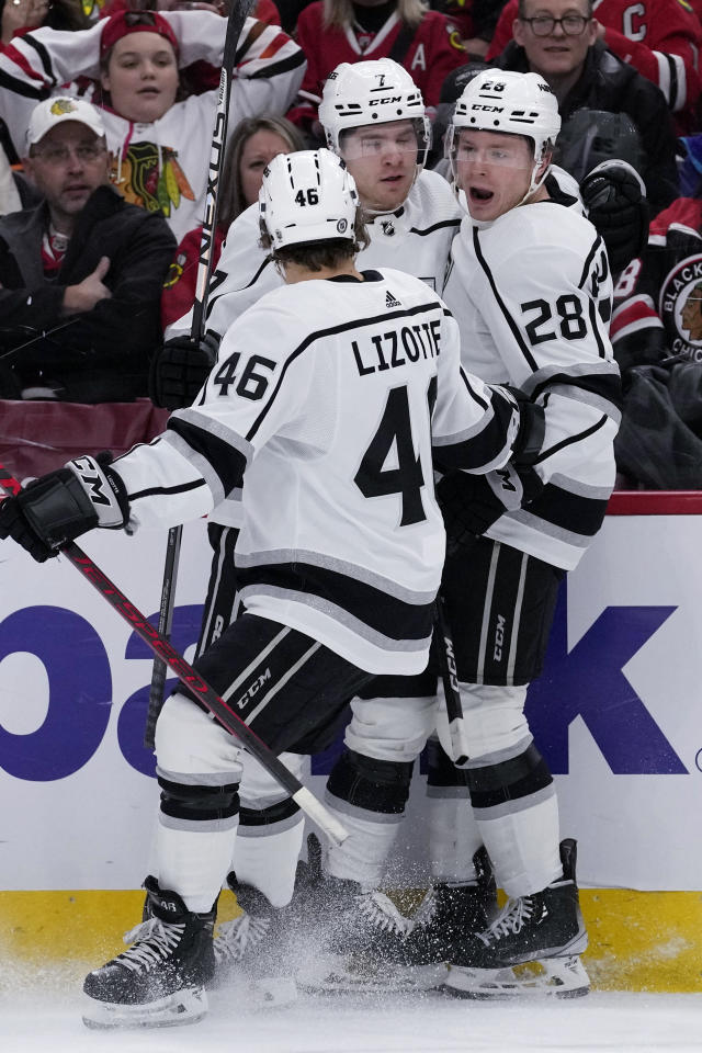 Los Angeles Kings defenseman Sean Durzi celebrates a goal with Los