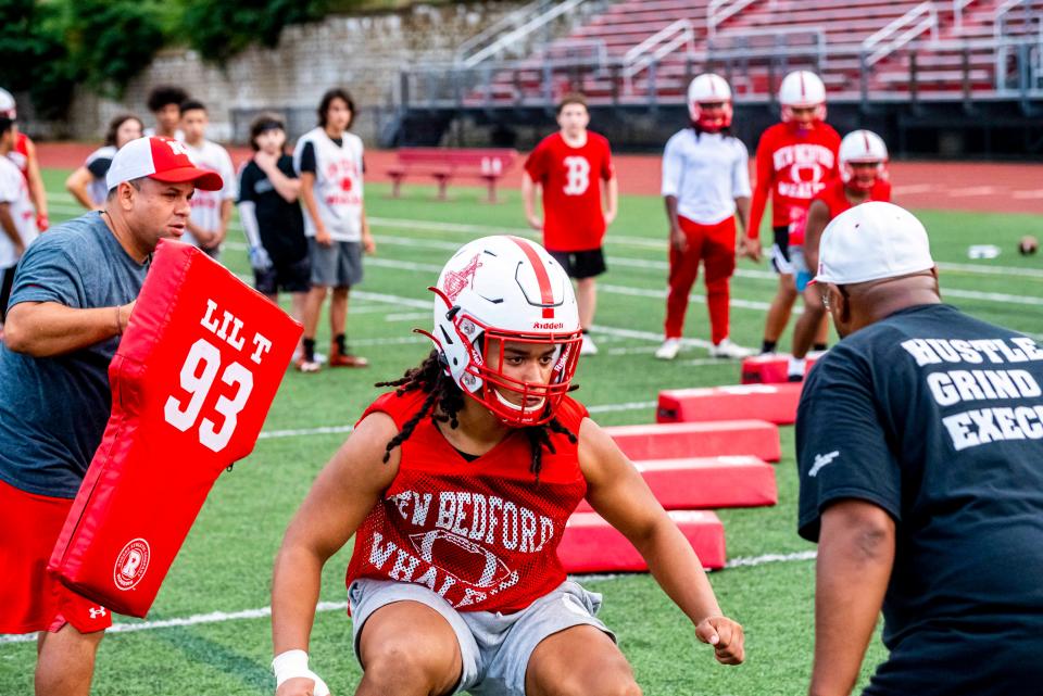 New Bedford's Devin Vieira looks for his next target during training.