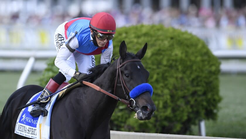 John Velazquez atop Medina Spirit competes in the 146th Preakness Stakes horse race at Pimlico Race Course, Saturday, May 15, 2021, in Baltimore. (AP Photo/Nick Wass)