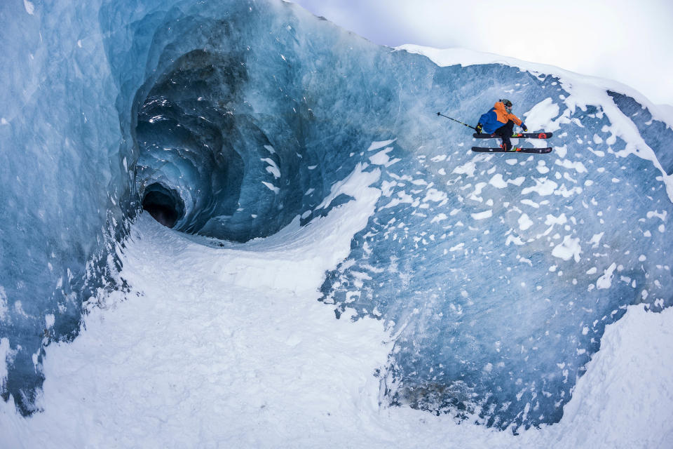 <p>Sam Favret skiing on an ice wall. (Photo: Jeremy Bernard/Caters News) </p>