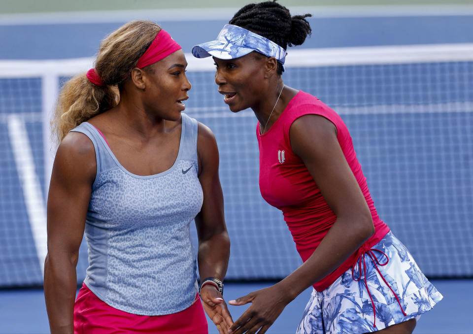 The Williams sisters will be back in action in doubles Friday. Venus also has singles against Sara Errani. (AP Photo/Matt Rourke)