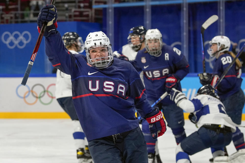 FILE -United States' Cayla Barnes (3) celebrates after scoring a goal against Finland during a women's semifinal hockey game at the 2022 Winter Olympics, Monday, Feb. 14, 2022, in Beijing. Cayla Barnes in entering the PWHL draft on Monday, June 10, 2024. (AP Photo/Petr David Josek, File)