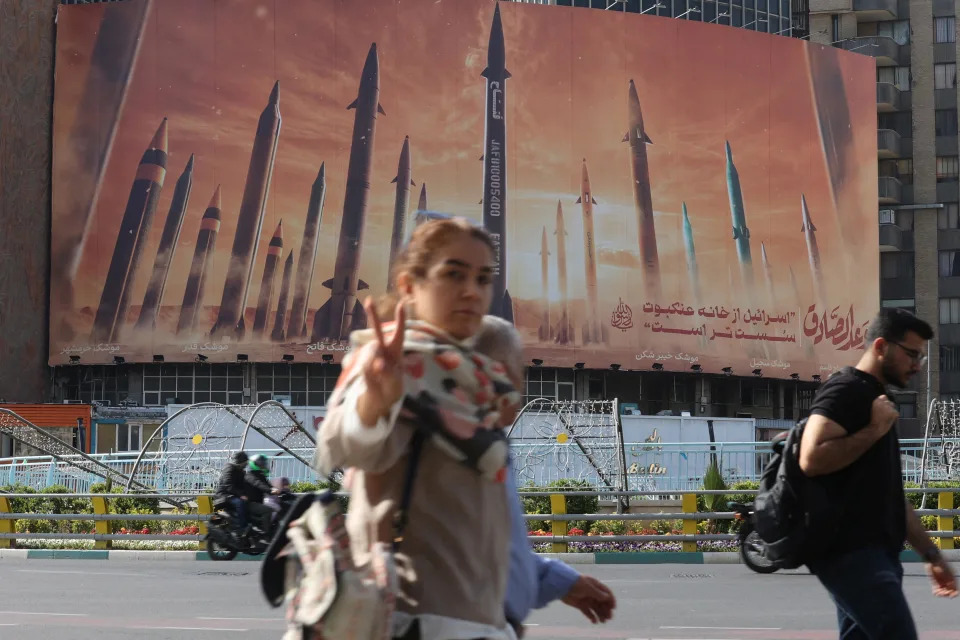 An anti-Israel billboard with a picture of Iranian missiles is seen on a street in Tehran, Iran, April 15, 2024. / Credit: Majid Asgaripour/WANA/REUTERS