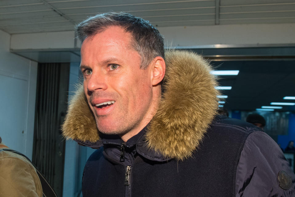 Jamie Carragher arrives at Euston this morning.